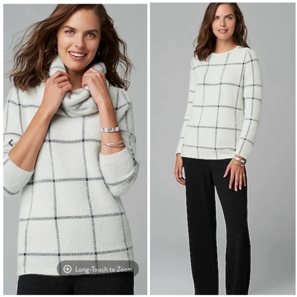 J. Jill White and Black Crew Neck Sweater with Grid Pattern and Detachable Snood